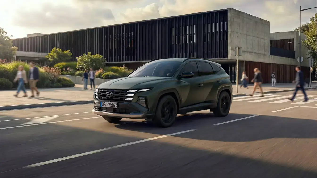 Tmavozelené SUV Hyundai Tucson jazdiace po meste pri testovacej jazde v BEGAM Trnava